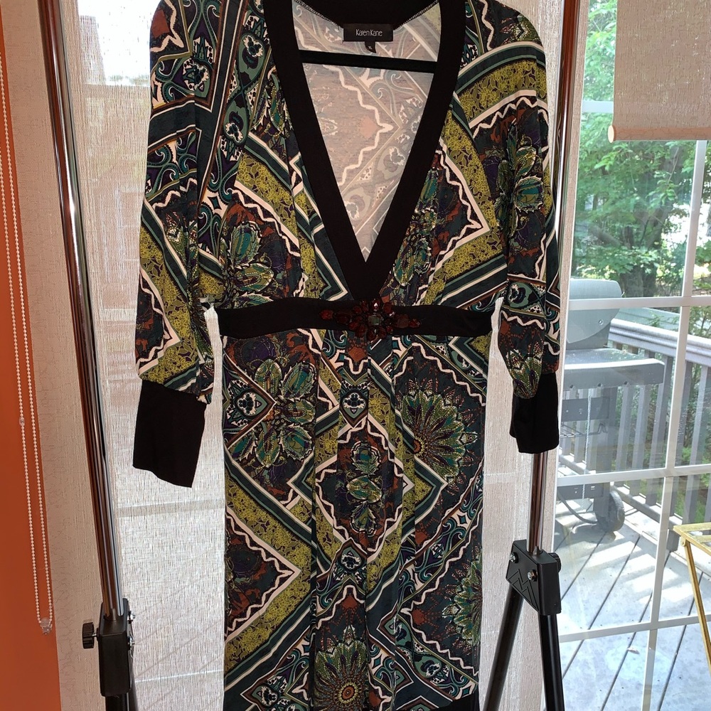 Green Print Jersey Dress with Bead Detail